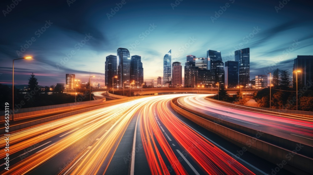 Fototapeta premium Abstract Motion Blur City, Light trails at night in urban environment, city movement concept