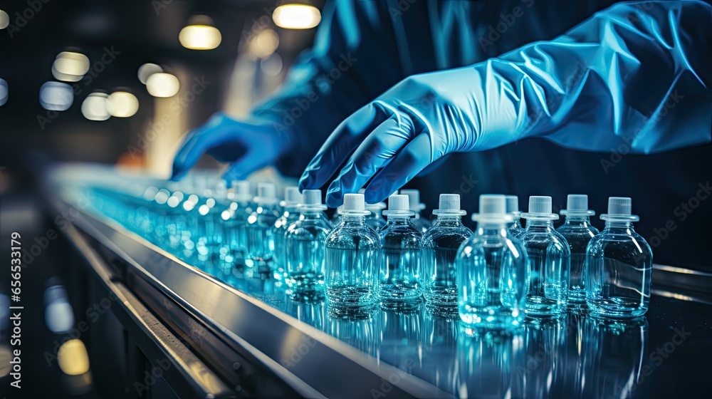 A worker in a blue suit is assembling pharma vials on a production line - obrazy, fototapety, plakaty 