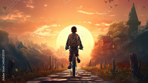 A child boy riding a bicycle goes to school in the morning © Sasint