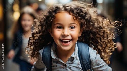 A young student with curly hair grins in a hallway on the first day of school. © Banana Images