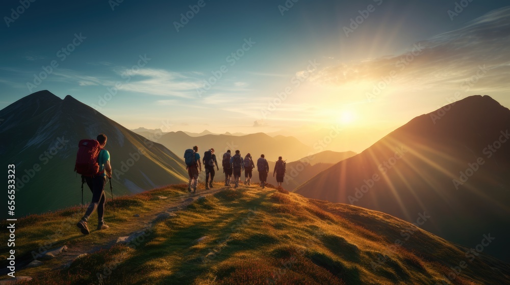 A group of hikers enjoying a beautiful sunset over the mountains.