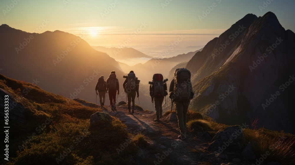A group of hikers enjoying a beautiful sunset over the mountains. - obrazy, fototapety, plakaty 