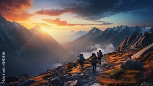 A group of hikers enjoying a beautiful sunset over the mountains.