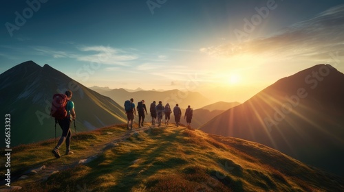 A group of hikers enjoying a beautiful sunset over the mountains. © Banana Images