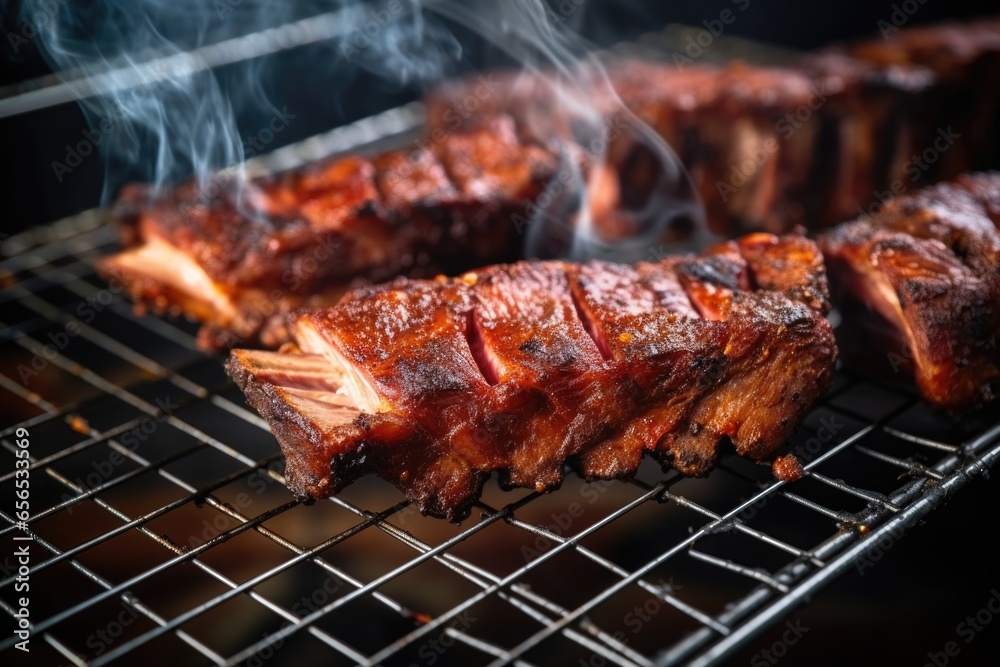 bbq ribs inside a steel grill cage