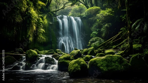 Panoramic shot of a waterfall in the rainforest of New Zealand