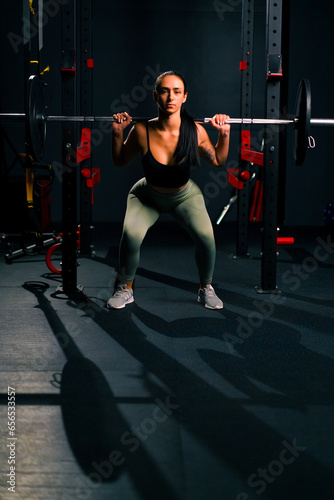 portrait of young beautiful focused fitness woman doing heavy shoulder press exercise with barbell in gym training muscle groups