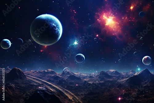 Surreal photography of a celestial scene with stars and planets with shimmering auras. Generative AI
