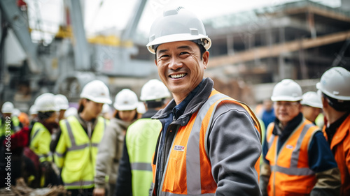 A group of happy asian workers laughing on building site. Teamwork and unity concept.
