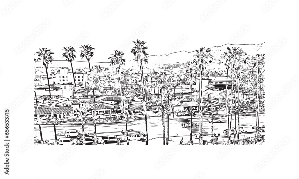 Fototapeta premium Building view with landmark of Santa Barbara is the city in California. Hand drawn sketch illustration in vector.