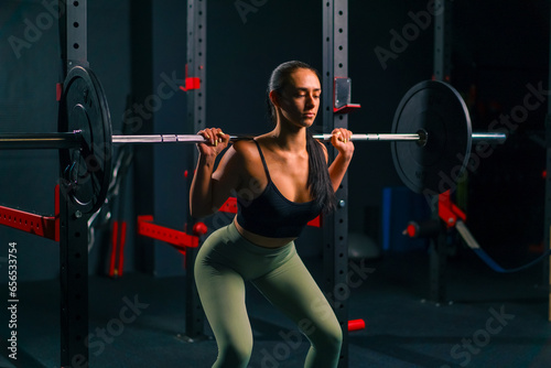 portrait of young beautiful focused fitness woman doing heavy shoulder press exercise with barbell in gym training muscle groups