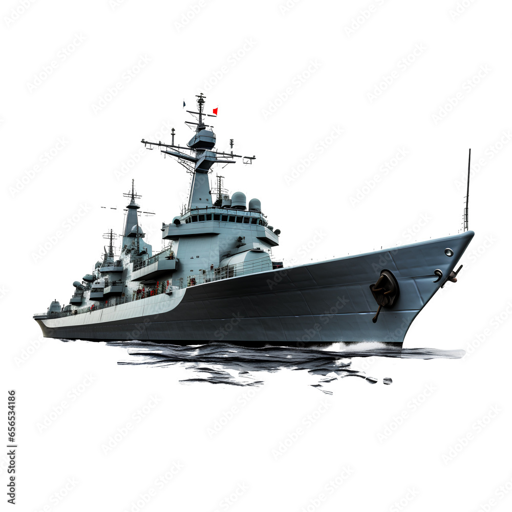 Modern warship on transparent background PNG. Destroyer on transparent background PNG. Naval war concept.