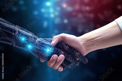 Close up of human hand and robot shaking hands against bokeh background