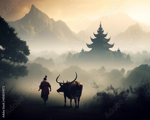 Buddhist monk walking together with a  Tibetan ox In a dreamy mountain landscape with pagoda temple, exotic traditional vietnamese or far east life scene, stands for spirituality and connection with n