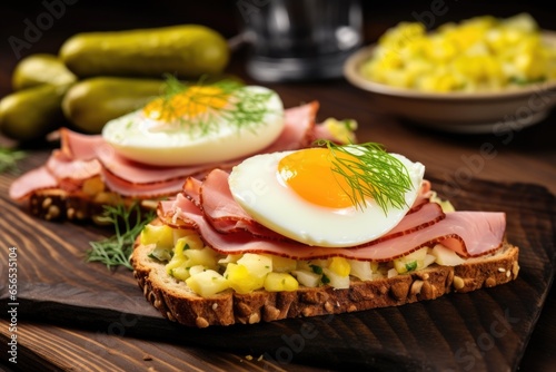 open-faced sandwich with pickles and ham on wooden table