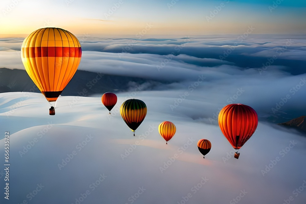 Naklejka premium hot air balloons in differnt color flying above lakes and mountain touching the blue sky and cloud 