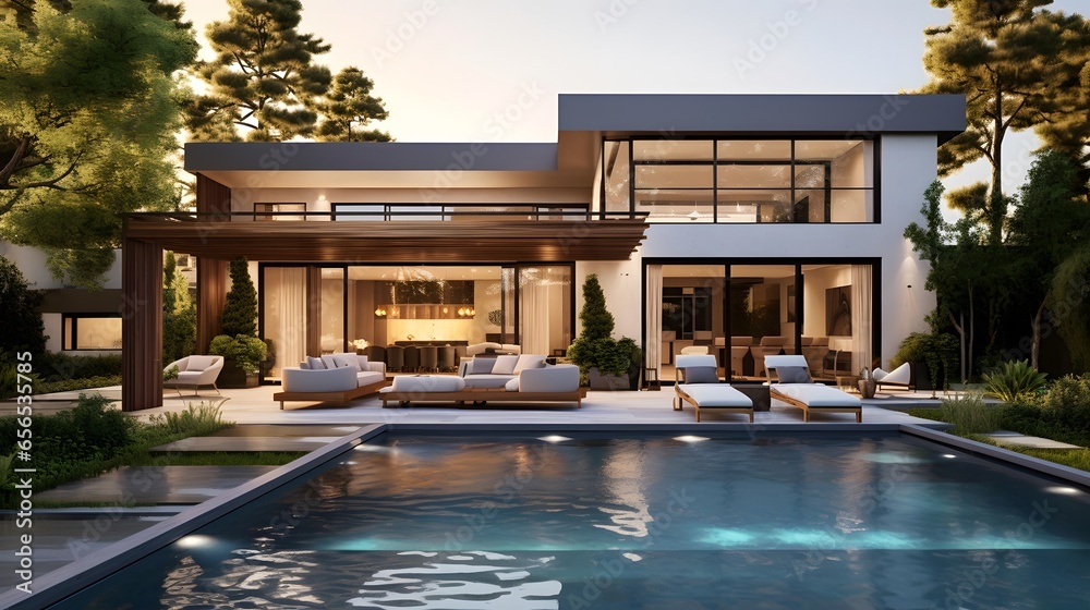 3d rendering of modern cozy house with pool and parking for sale or rent in luxurious style and beautiful landscaping on background. Clear summer evening with cozy light from window. - obrazy, fototapety, plakaty 