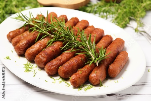 sausage links on a white plate with greenery