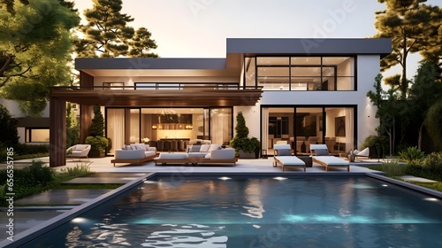 3d rendering of modern cozy house with pool and parking for sale or rent in luxurious style and beautiful landscaping on background. Clear summer evening with cozy light from window. © Iman