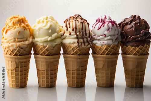 Image of cones with different ice creams on a black background