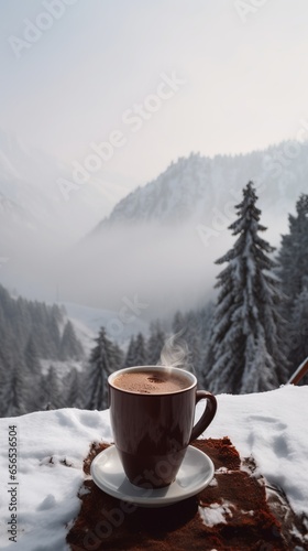 Winter drink – hot chocolate or coffee with the cream, spice, cocoa and cinnamon on winter landscape background with snow, forest and mountains.