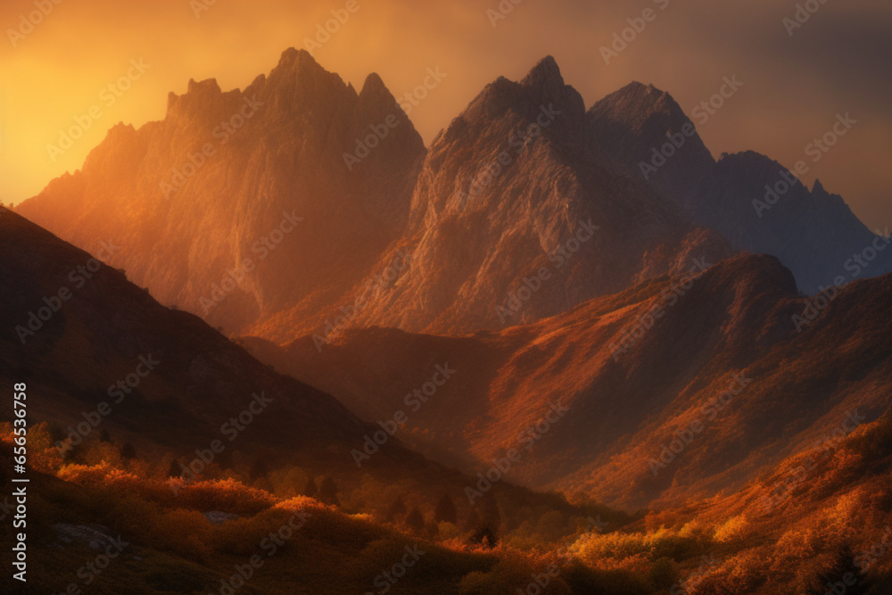 Golden sunset or sunrise in mountains, beauty in nature. AI generated