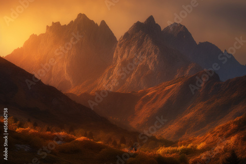 Golden sunset or sunrise in mountains, beauty in nature. AI generated © Khorzhevska