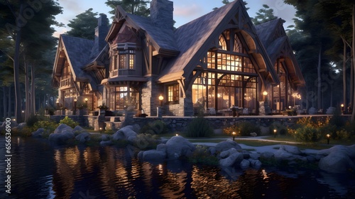 3d rendering of a beautiful chalet on the lake at night © Iman