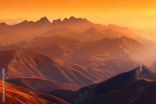 Golden sunset or sunrise in mountains, beauty in nature. AI generated