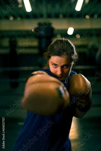 portrait of a woman in boxing gloves posing in a cheeky and competitive fight in a boxing ring before a fight with an opponent © Guys Who Shoot