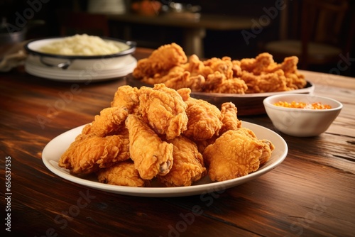 plate filled with crispy fried chicken pieces on a wooden table