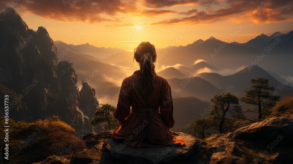 Young Woman Meditating on a Mountaintop at Sunset