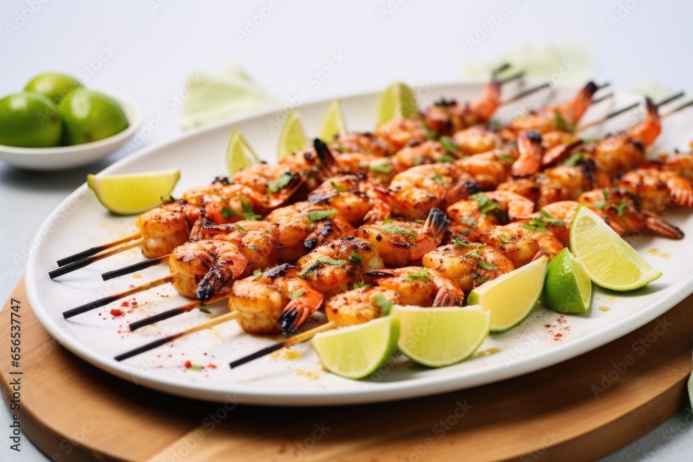skewered shrimp coated with a glaze of chili and lime
