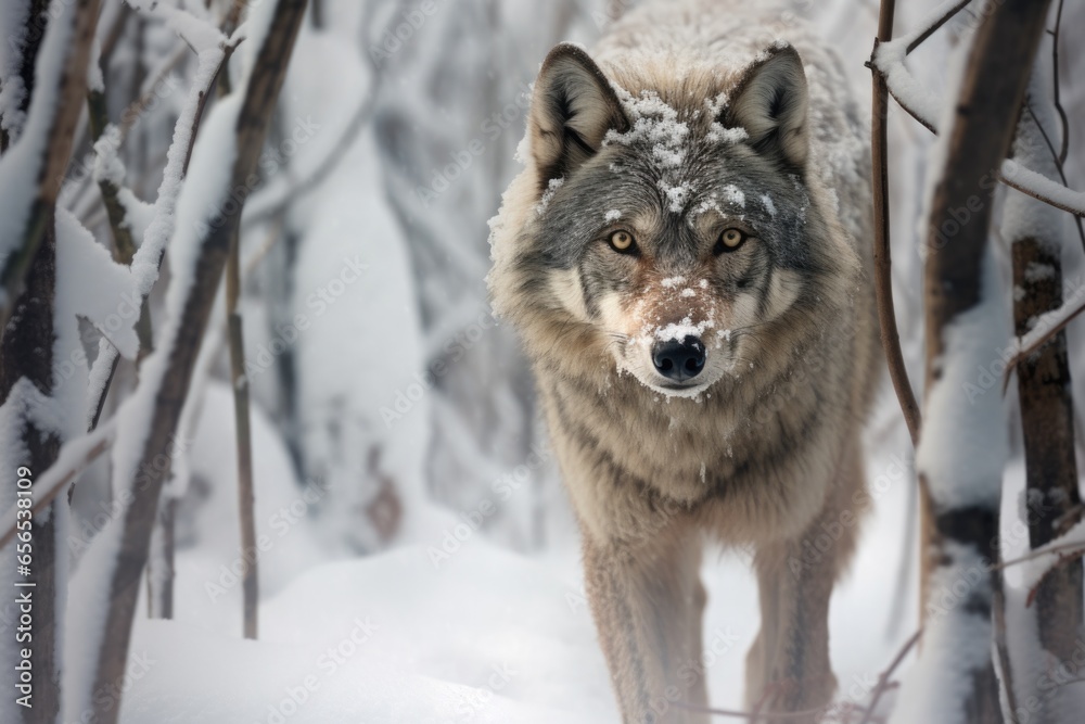 a wolf prowling carefully through snowy woods a wolf prowling carefully through snowy woods