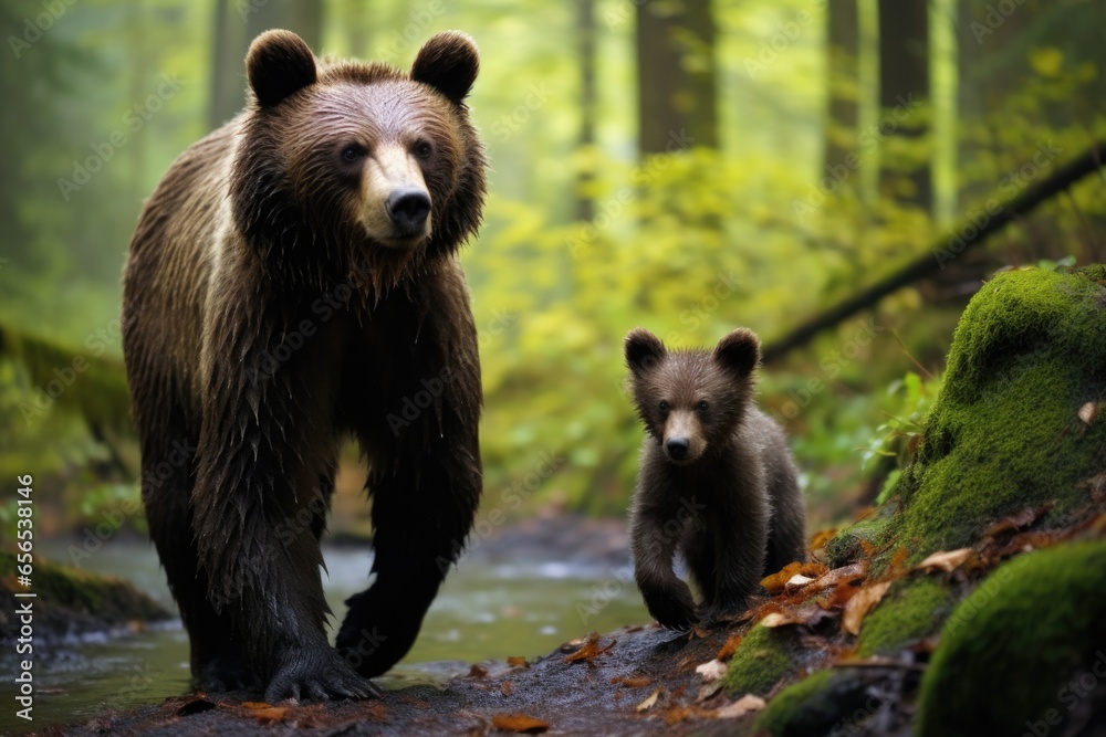 Obraz premium a bear cub following its mother in woodland
