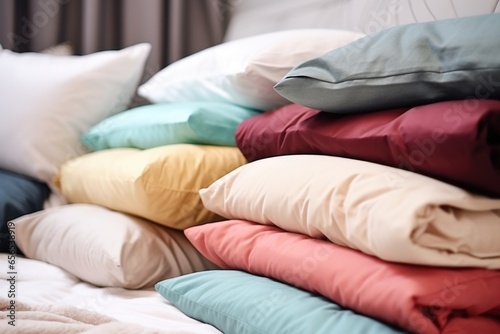 pile of various sleeping pillows on a bed