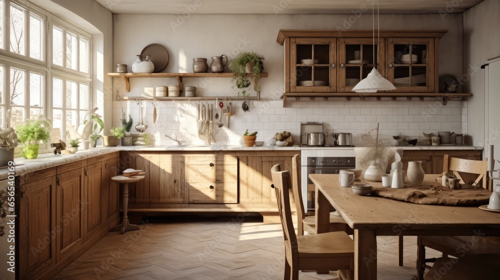 Interior of kitchen in rustic style. White furniture and wooden decor in bright cottage indoor. - obrazy, fototapety, plakaty 