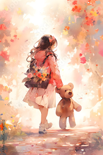 Teddy's Floral SecrBlossoming Bonds: Anime Girl with Teddy Bearets: Anime Girl's Tale photo