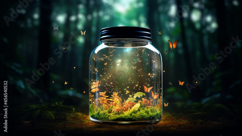 miniature forest in one glass bottle with lid generative ai photo