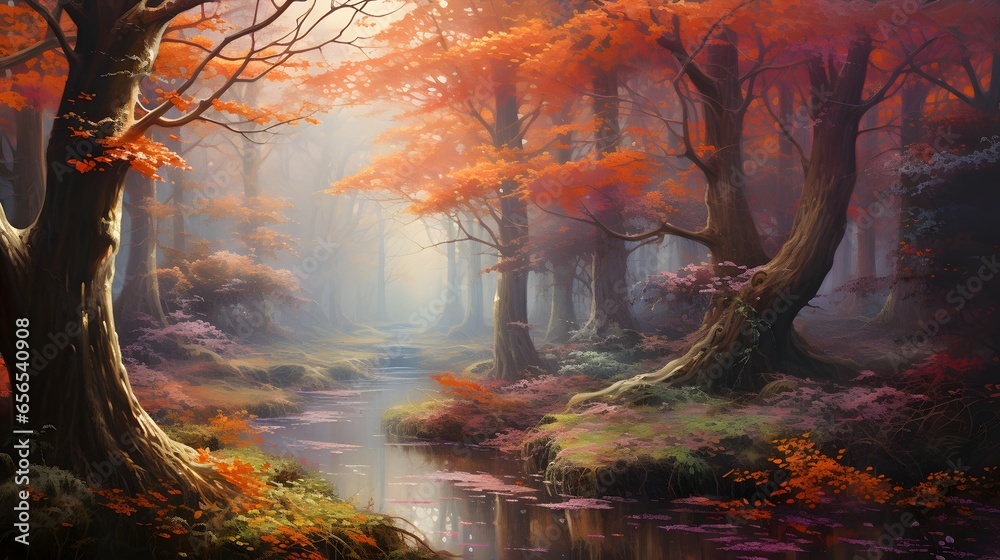 Panoramic view of beautiful autumn forest in foggy morning.