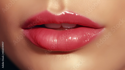 Sexy red lips close up. Beautiful perfect makeup.Woman red lipstick mouth with  lips close up. Open mouth with white teeth. Cosmetology  pharmacy or fashion makeup concept..