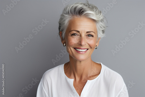 Mature senior woman in white tshirt