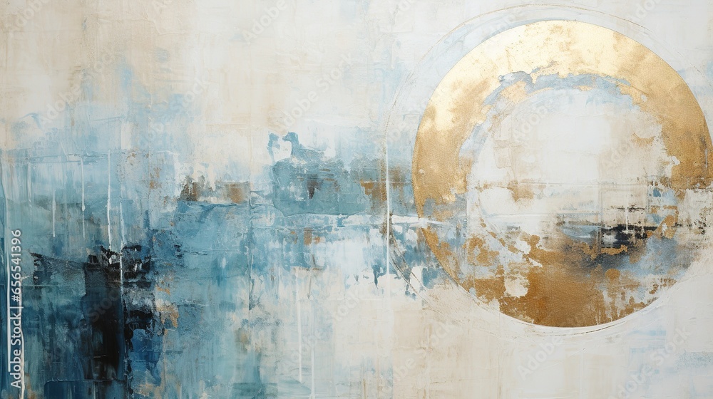 Generative AI, Blue, golden and ivory white colors, circle shapes vintage painting background. Grunge old oil impasto painted wall texture