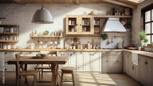 Interior of kitchen in rustic style. White furniture and wooden decor in bright cottage indoor.