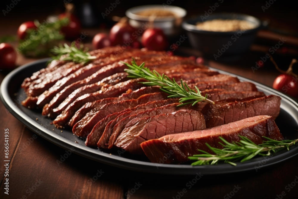 tender beef brisket slices presented on a ceramic dish