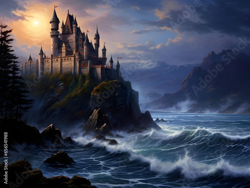 Fantasy landscape with a beautiful castle in the sea. Illustration