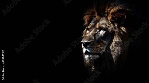 un lion de profil sur fond noir, généré par IA photo