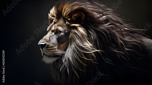 un lion de profil sur fond noir, généré par IA