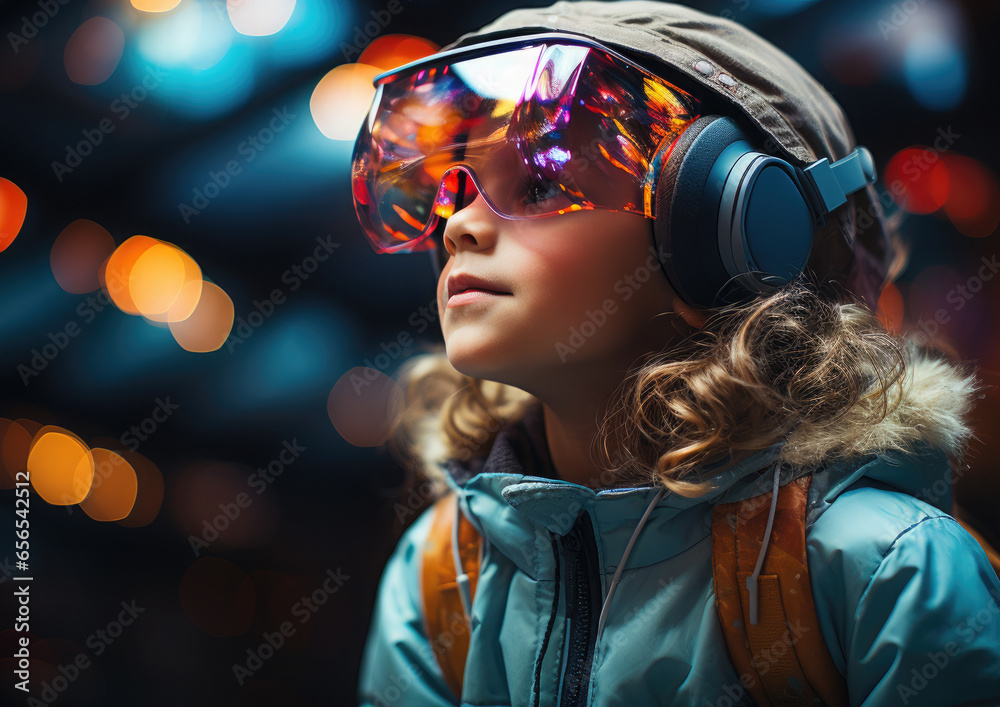 Generative AI, child, boy or girl in virtual reality glasses on an abstract multi-colored fantastic background, technology, augmented reality, metaverse, neural network, VR, computer game, kid gamer