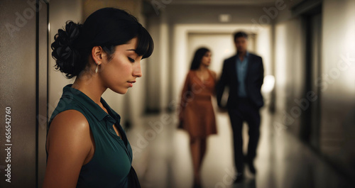 Sad young woman standing against wall, in background couple, man and woman walking together in corridor